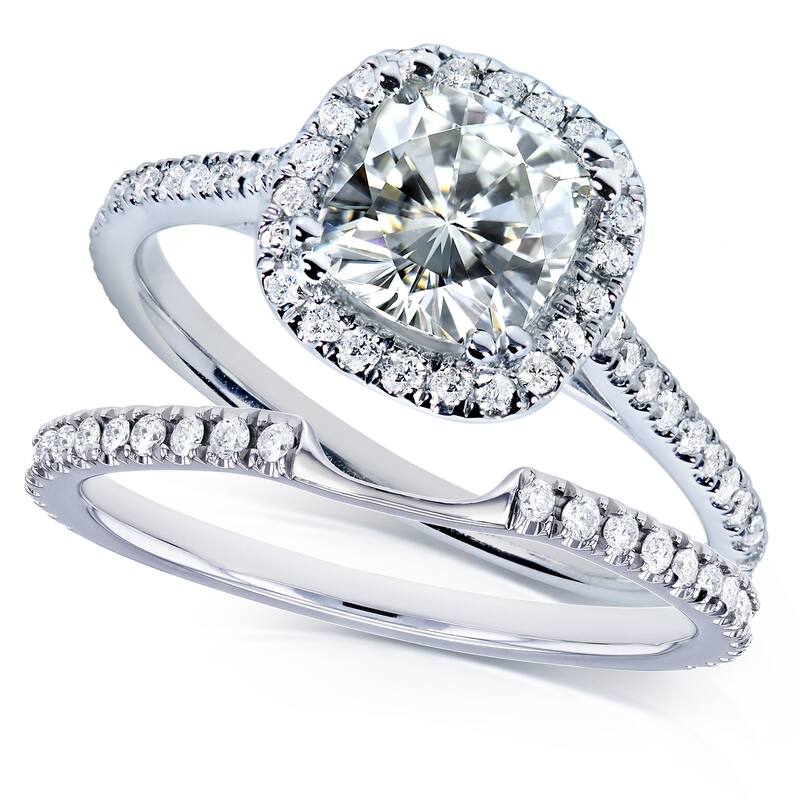 Annello by Kobelli 14k White Gold 1 1/2ct TGW Near Colorless (H-I) Moissanite with Diamond Halo Bridal Rings Set - 5.5
