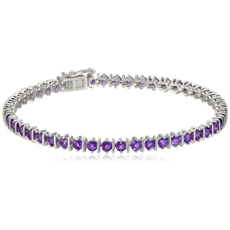 Sterling Silver African Amethyst Round Tennis Bracelet, 7.25" - Purple