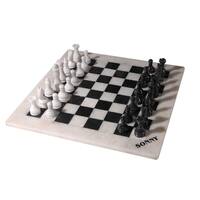 Polished Marble Chess Set, Hand-Carved Pieces and Board, Black and White