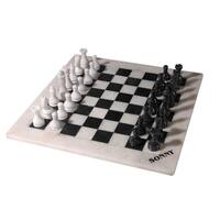 Polished Marble Chess Set, Hand-Carved Pieces and Board, Black and White