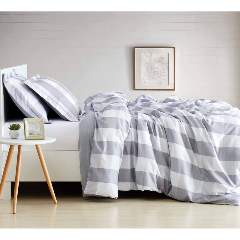 Truly Soft Everyday Buffalo Plaid Printed Duvet Cover Set - Full - Queen - White/Grey
