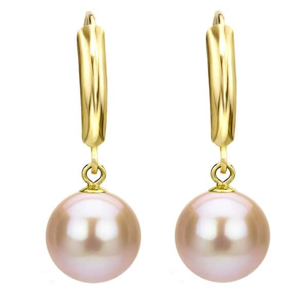 14k Yellow Gold Genuine Ball Fresh Water Pearl with Leverback Earrings