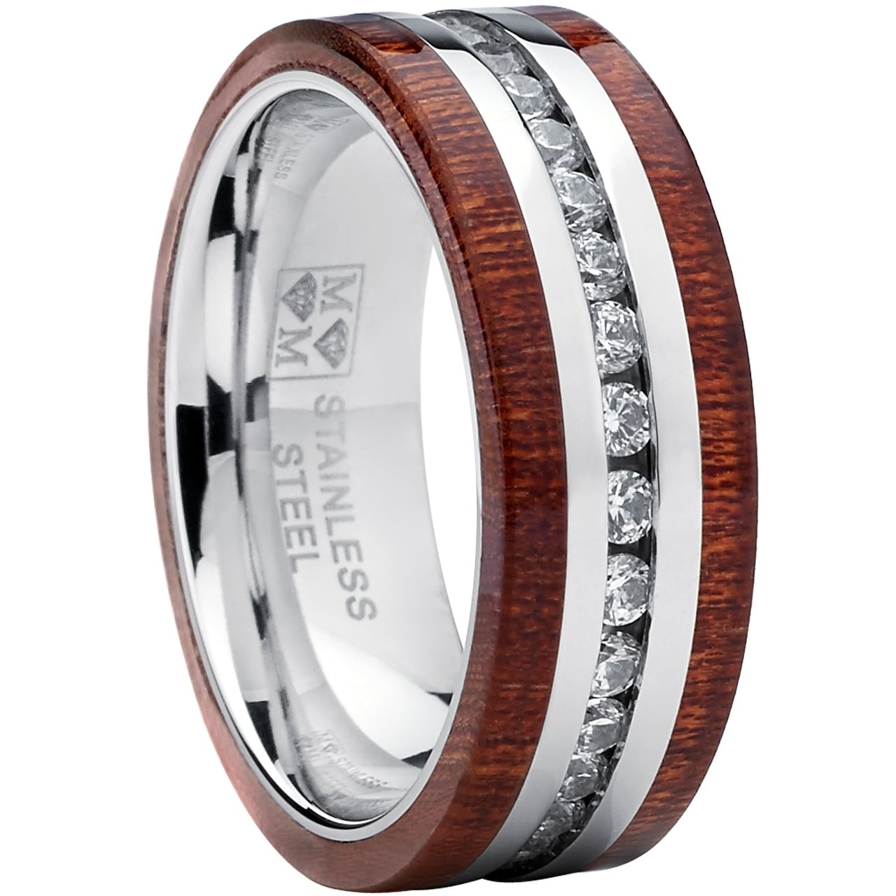 Oliveti Stainless Steel Eternity Cubic Zirconia And Wood Inlay Oliveti Stainless Steel Eternity Cubic Zirconia And Wood Inlay Wedding Band Ring