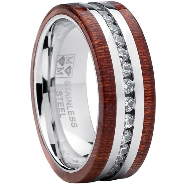 Oliveti Stainless Steel Eternity Cubic Zirconia And Wood Inlay Oliveti Stainless Steel Eternity Cubic Zirconia And Wood Inlay Wedding Band Ring