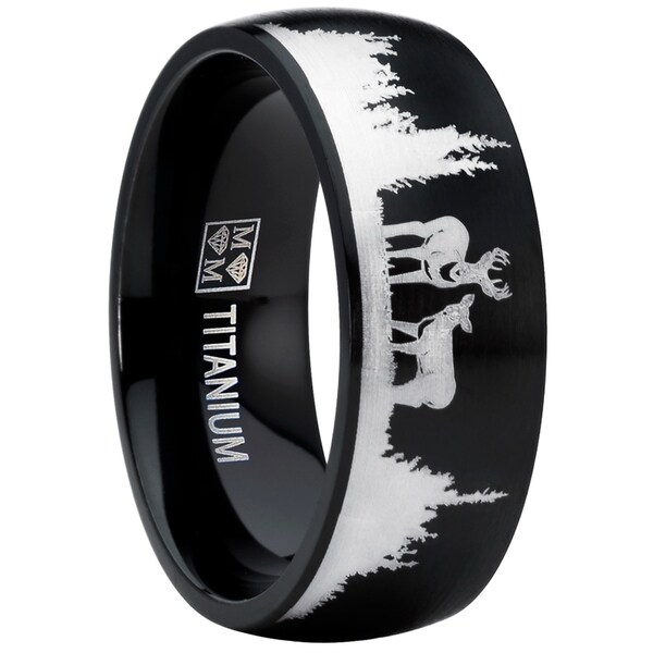 Men Black Outdoor Hunting Titanium Ring Wedding Band Laser Etched Deer