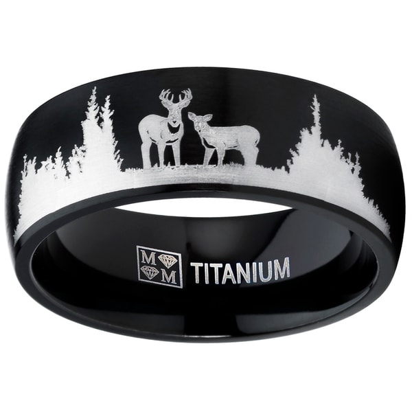 Oliveti Men's Black Outdoor Hunting Titanium Ring Band Laser Etched Deer Stag Scene