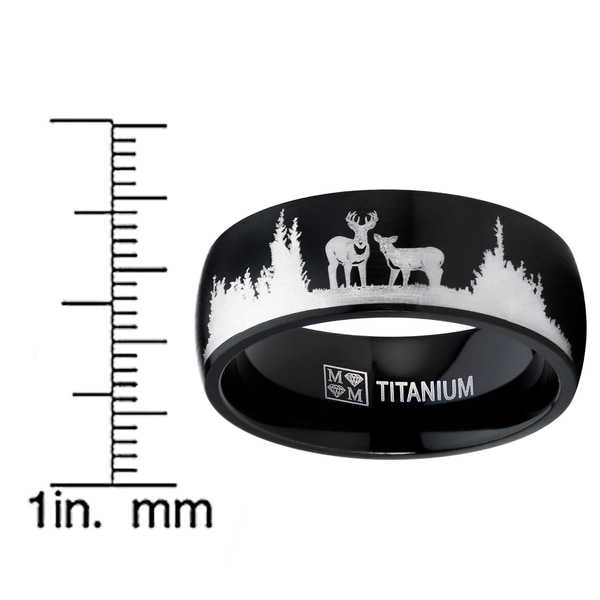 Men Black Outdoor Hunting Titanium Ring Wedding Band Laser Etched Deer