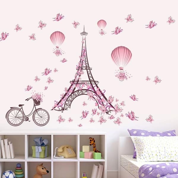 Pink Flower Bicycle Eiffel Tower Wall Sticker Home Decor Mural Art