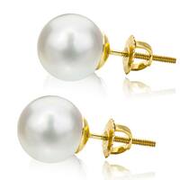 DaVonna 14k Yellow Gold Round White Akoya AAA Pearl Screw back Stud