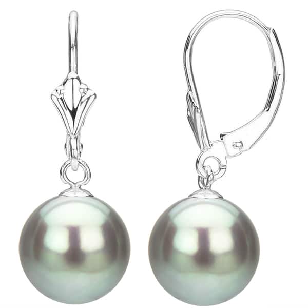 slide 1 of 6, DaVonna 14k White Gold Grey Round Freshwater Pearl High Luster Fleur de Leverback Dangle Earring.