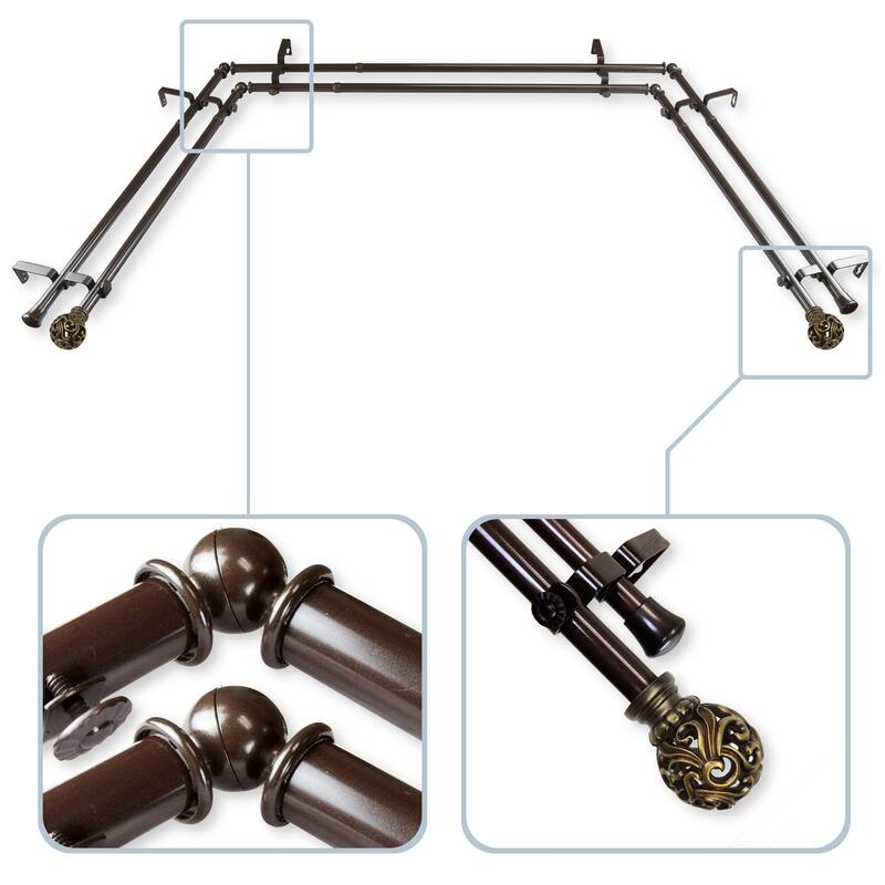 InStyleDesign Stella 13/16" Double Bay Window Curtain Rod - 20-36 inches, 38-72 inches - Nickel Finish/Satin/Brown Finish - Cocoa