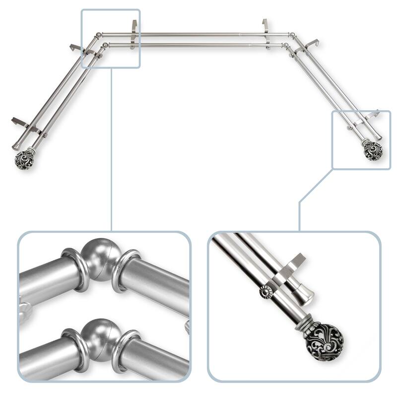 InStyleDesign Stella 13/16" Double Bay Window Curtain Rod - 20-36 inches, 38-72 inches - Nickel Finish/Satin/Silver Finish - satin nickel
