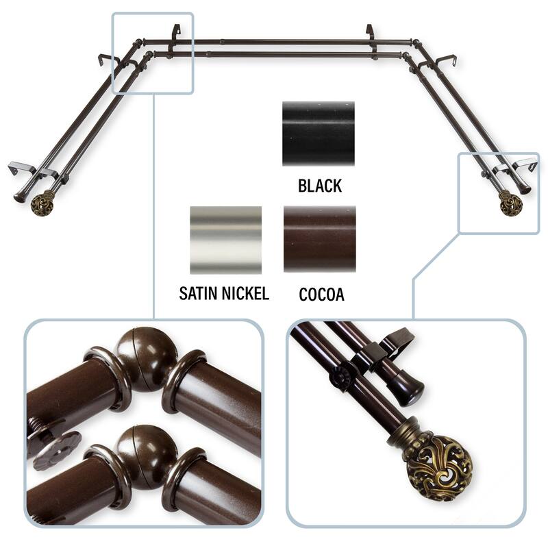 InStyleDesign Stella 13/16" Double Bay Window Curtain Rod - 20-36 inches, 38-72 inches