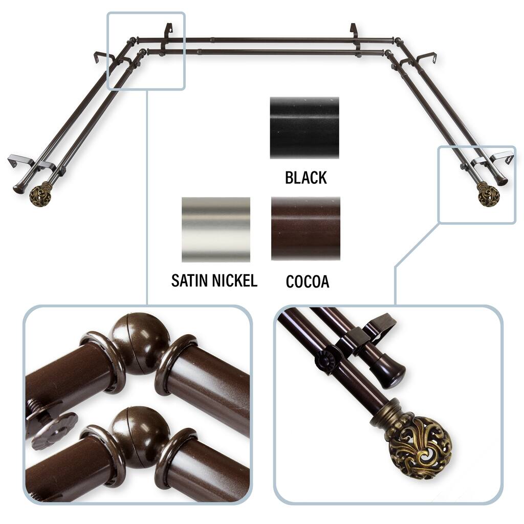 InStyleDesign Stella 13/16" Double Bay Window Curtain Rod - 20-36 inches, 38-72 inches