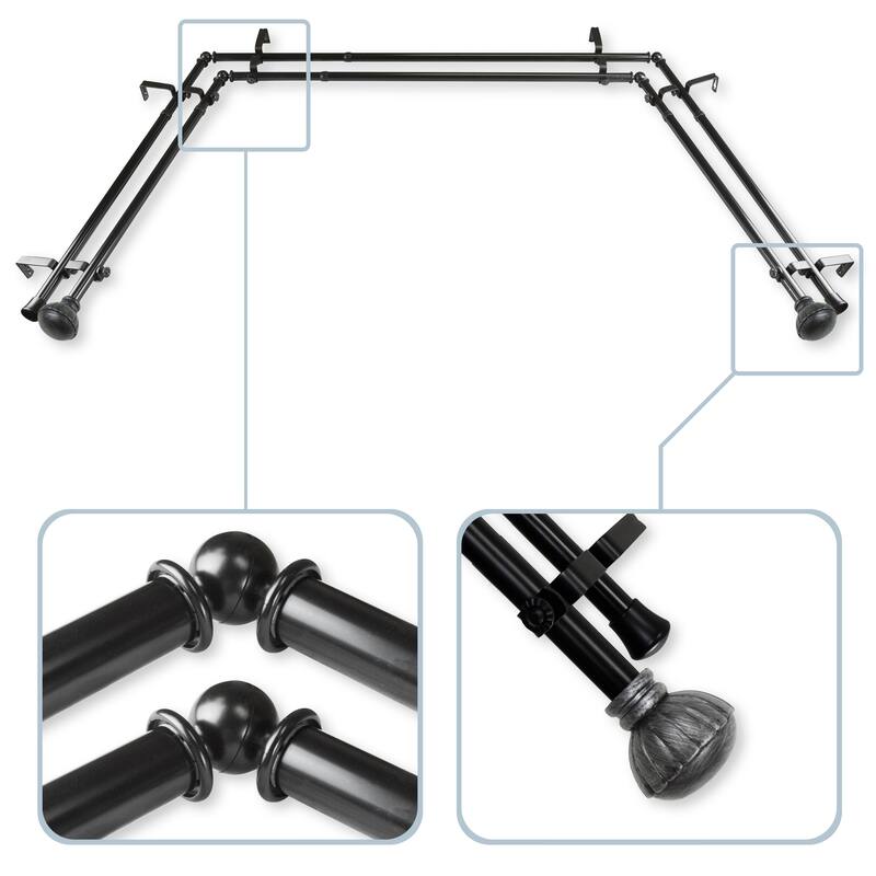 InStyleDesign Gemma 13/16" Double Bay Window Curtain Rod - 20-36 inches, 38-72 inches - Black Finish - Black