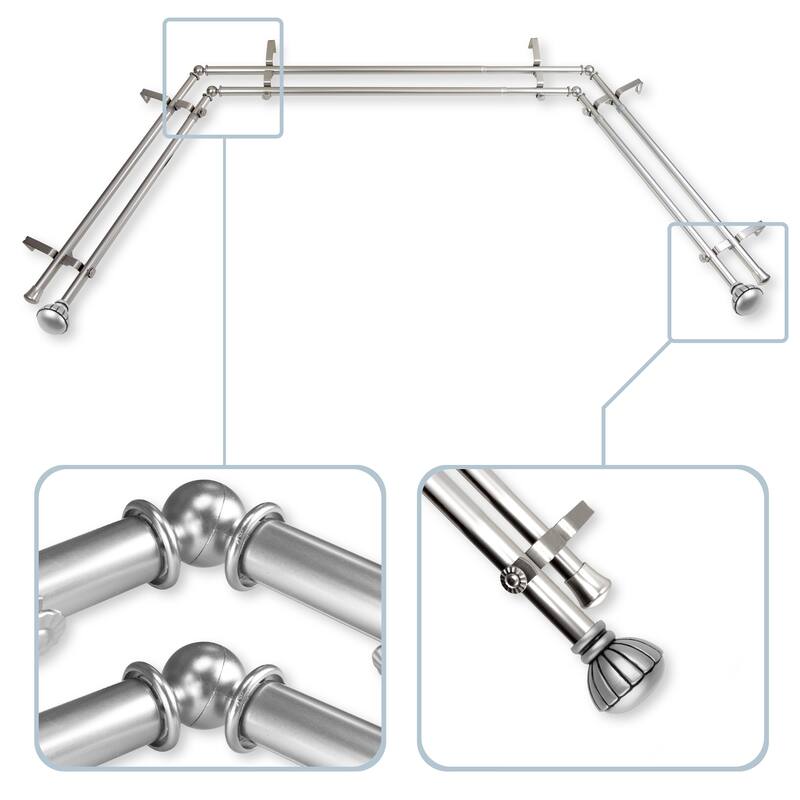 InStyleDesign Gemma 13/16" Double Bay Window Curtain Rod - 20-36 inches, 38-72 inches - Nickel Finish/Satin/Silver Finish - satin nickel