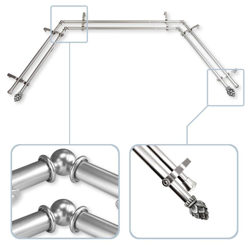 InStyleDesign Lotus 13/16" Double Bay Window Curtain Rod - 20-36 inches, 38-72 inches - Nickel Finish/Satin/Silver Finish - satin nickel