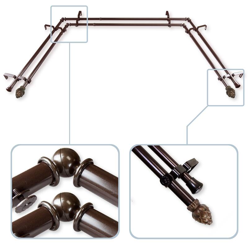 InStyleDesign Lotus 13/16" Double Bay Window Curtain Rod - 20-36 inches, 38-72 inches - Nickel Finish/Satin/Brown Finish - Cocoa