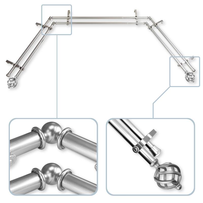 InStyleDesign Torison 13/16" Double Bay Window Curtain Rod - 20-36 inches, 38-72 inches - Nickel Finish/Satin/Silver Finish - satin nickel