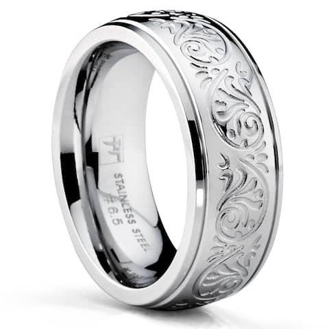 Stainless Steel Womens Wedding Band Ring Engraved Floral Design 7mm