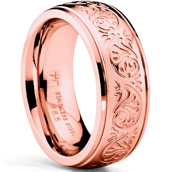 oliveti rosegold stainless steel womens wedding band ring engraved floral design 7mm - Wedding Ring Inscriptions oliveti rosegold stainless steel womens wedding band ring engraved floral design 7mm - Wedding Ring Inscriptions