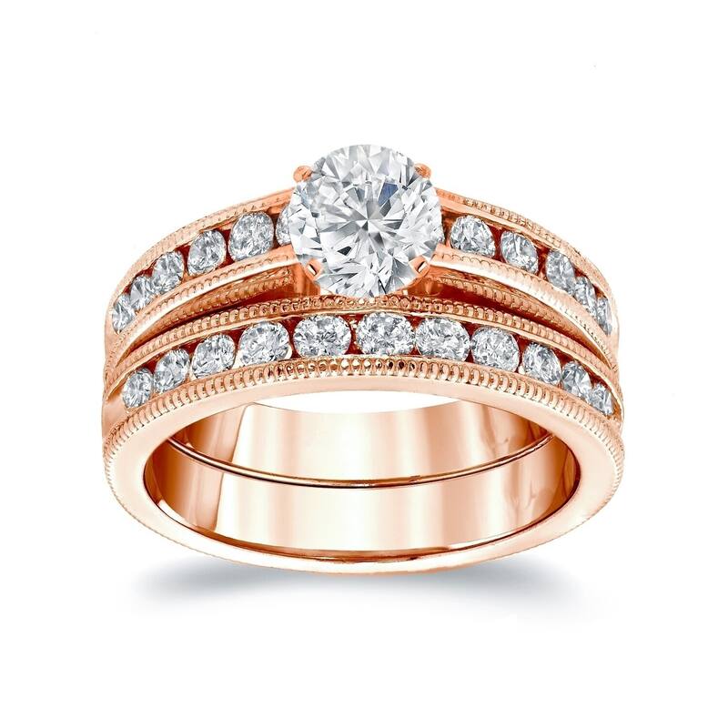 Auriya 14k White Gold 1ct TDW Round Diamond Engagement Ring Set - 7.5 - Rose