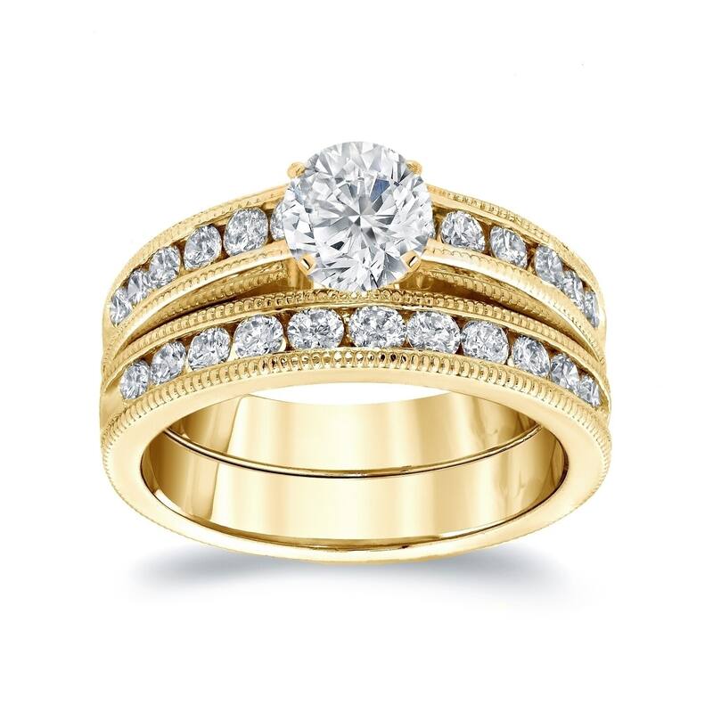 Auriya 14k White Gold 1ct TDW Round Diamond Engagement Ring Set - 5.5 - Yellow