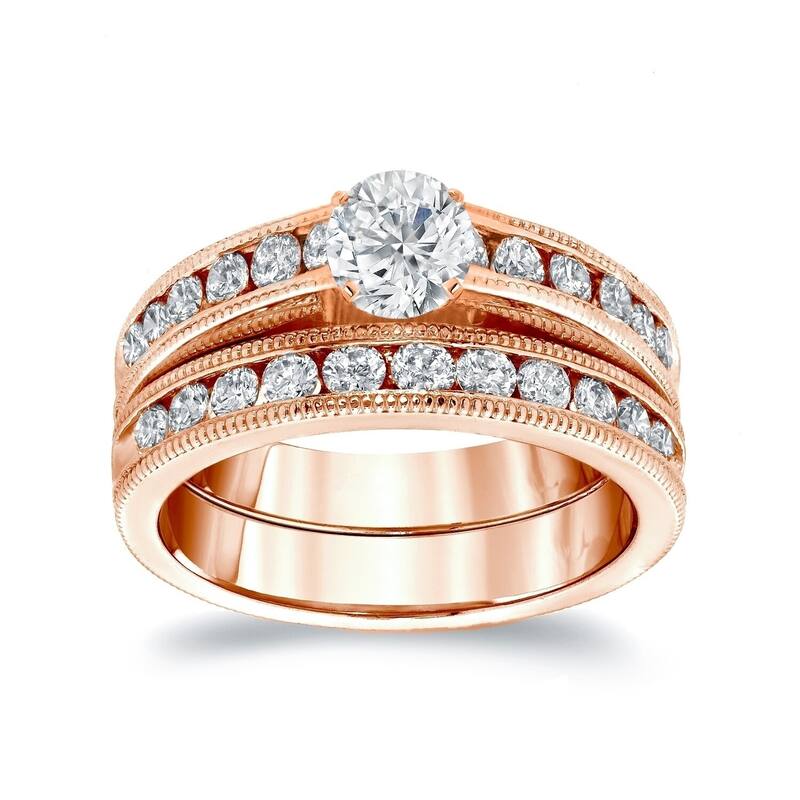 Auriya 14k Gold 1/2ctw Round Channel-set Diamond Engagement Ring Set - 4 - Rose