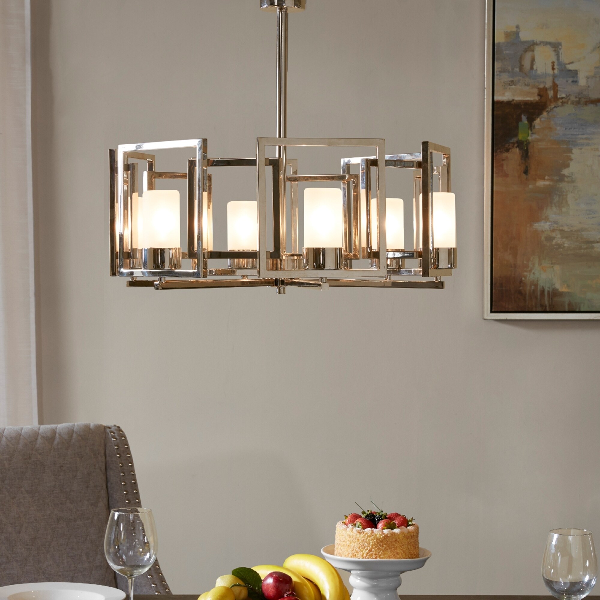 Madison Park Signature Bodie Silvertone Metal 6-light Chandelier with White Glass Shades (22"L x 22"W x 22.5"H - Silver) - Chandeliers For Bedrooms by Overstock.com