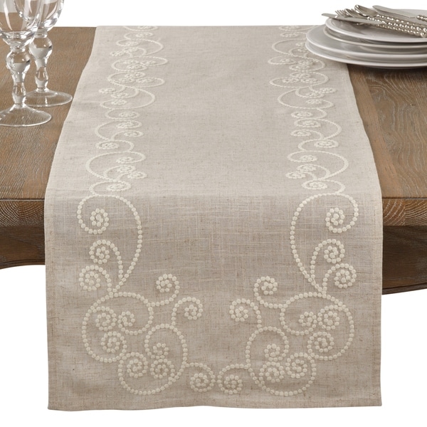 Embroidered Swirl Design Natural Linen Blend Table Runner