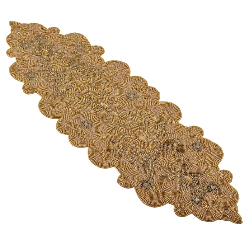 Beaded Scroll Motif Table Runner - Gold