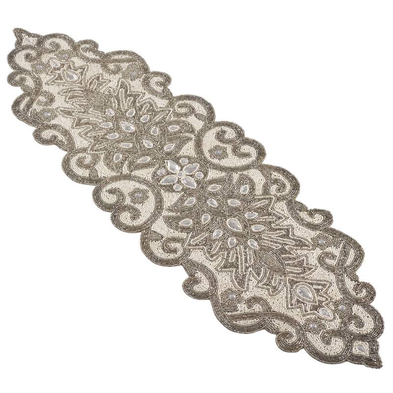 Beaded Scroll Motif Table Runner - Silver