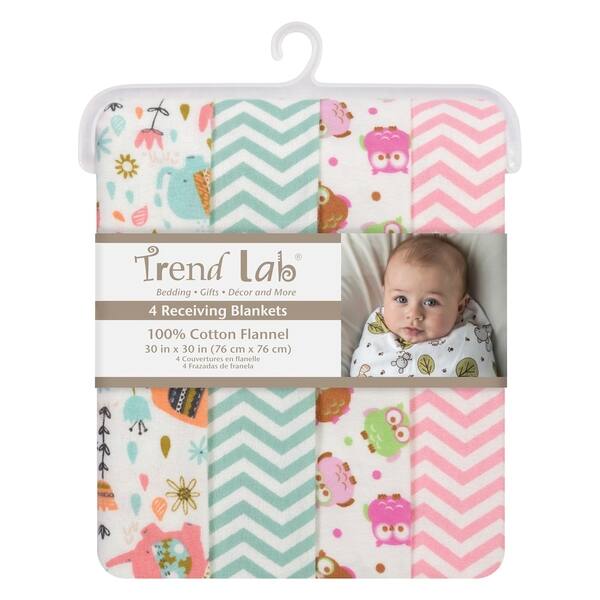 Trend Lab Elephants and Owls 4 Pack Flannel Blankets Bed Bath
