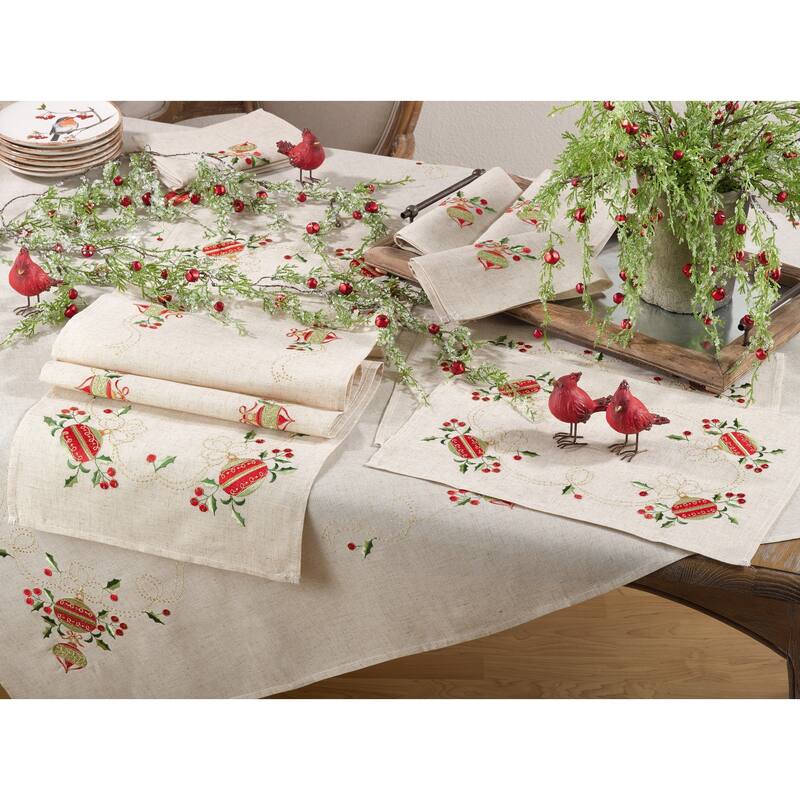 Embroidered Ornament Holiday Linen Blend Table Runner