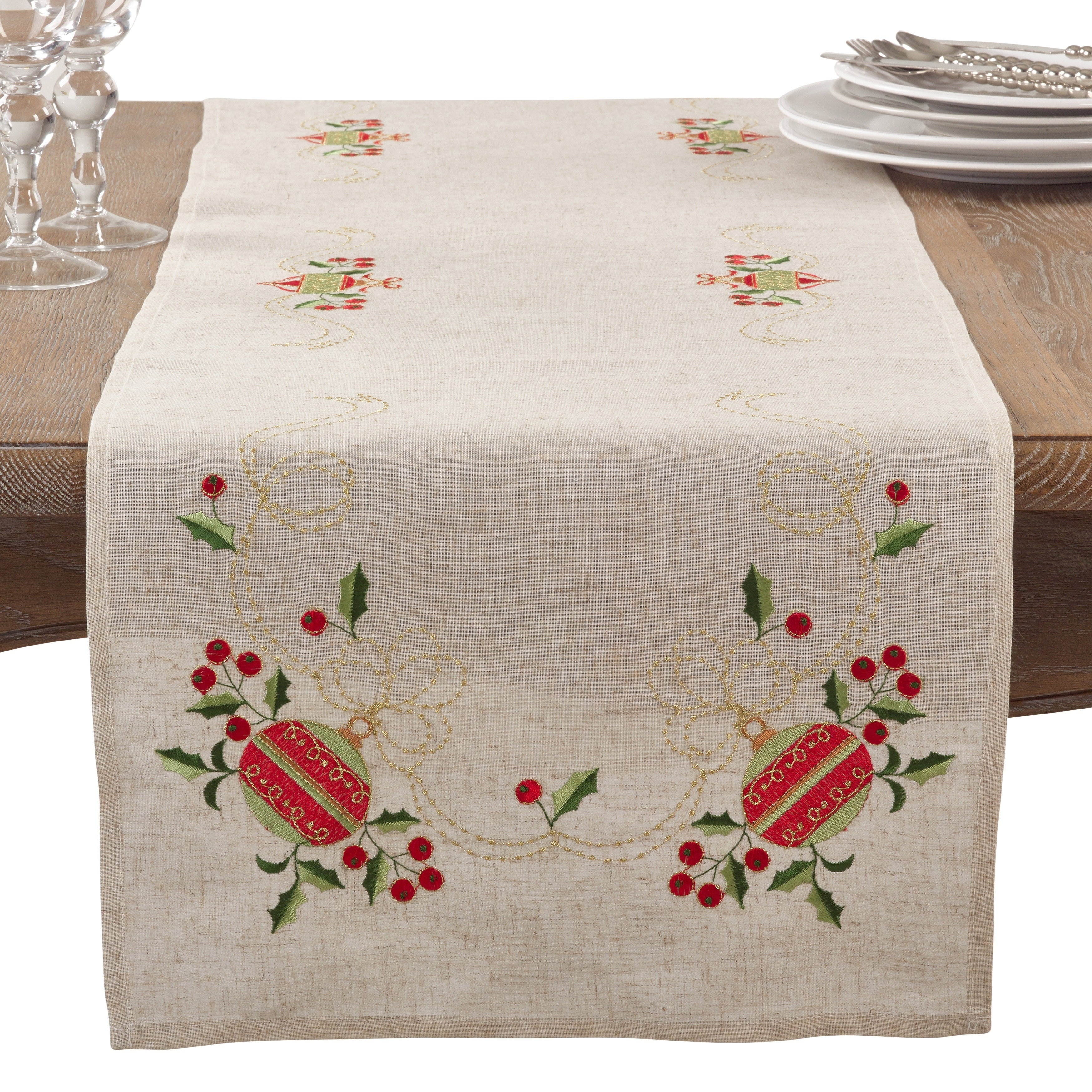 Embroidered and Hemstitched Linen-blend Table Topper - 54 Inches