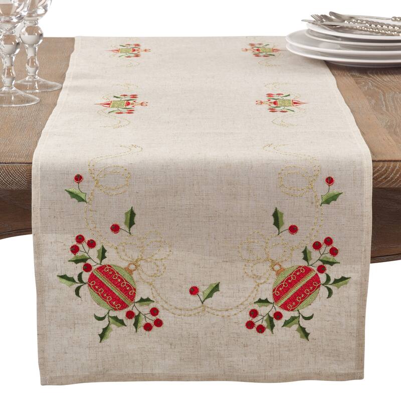 Embroidered Ornament Holiday Linen Blend Table Runner