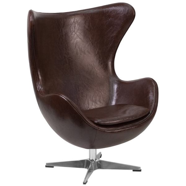 Retro Style Curved Wing Design Brown Leather Upholstered Swivel Accent