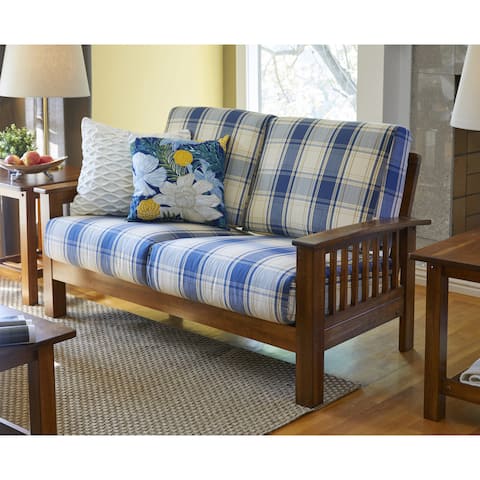 The Gray Barn Mercy Blue Plaid Mission-style Loveseat with Exposed Wood Frame