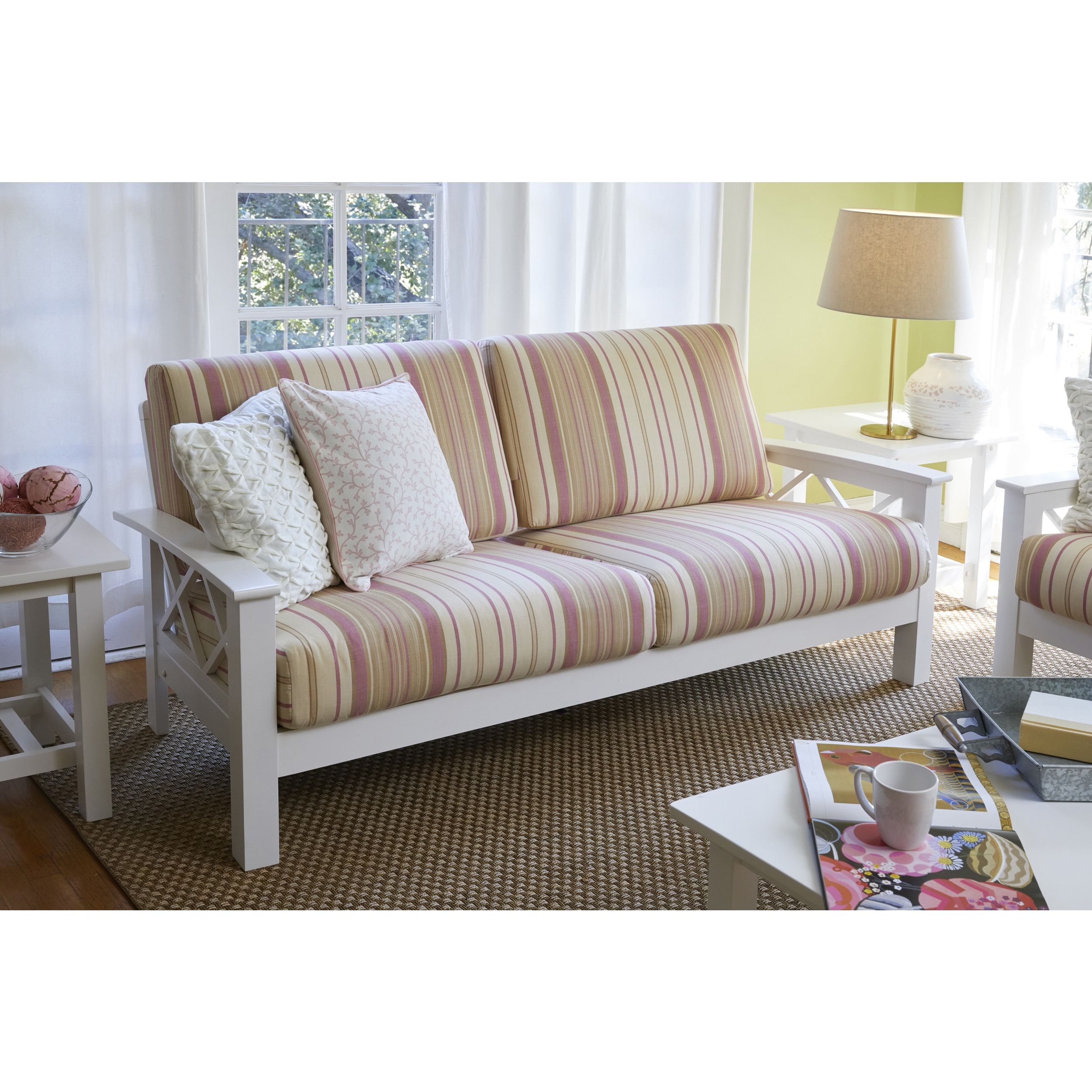Handy Living Virginia Pink Stripe X Design Sofa With Exposed Wood Frame Handy Living Virginia Pink Stripe X Design Sofa With Exposed Wood Frame
