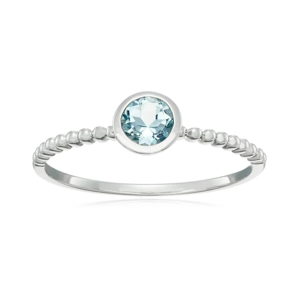 10k White Gold Aquamarine Solitaire Beaded Shank Stackable Ring, Sz 7