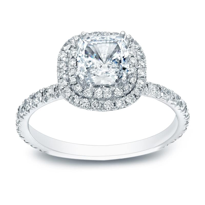 Auriya 14k Gold 1 carat TW Cushion-cut Double Halo Diamond Engagement Ring - 7.5 - White