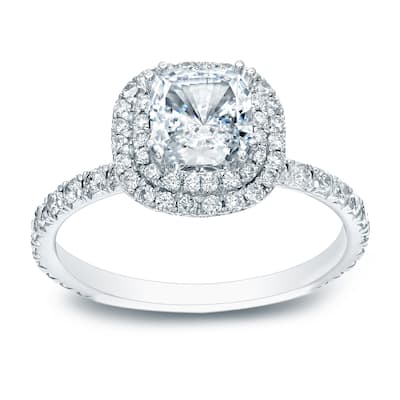 Auriya 14k Gold 1 carat TW Cushion-cut Double Halo Diamond Engagement Ring