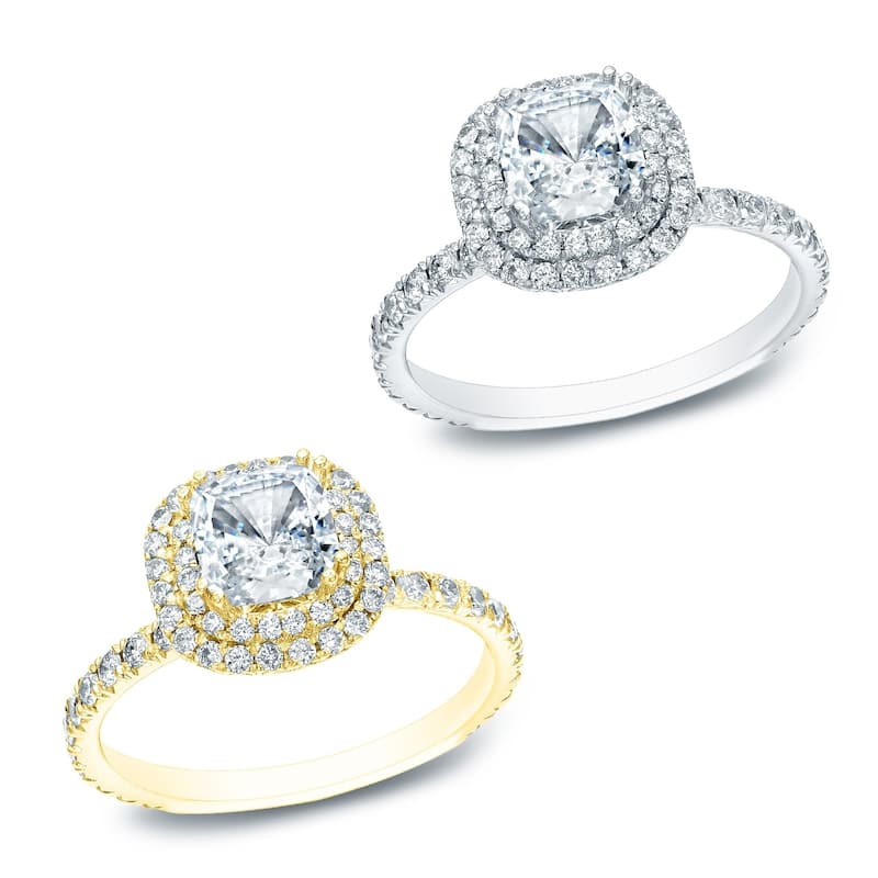 Auriya 14k Gold 1 carat TW Cushion-cut Double Halo Diamond Engagement Ring