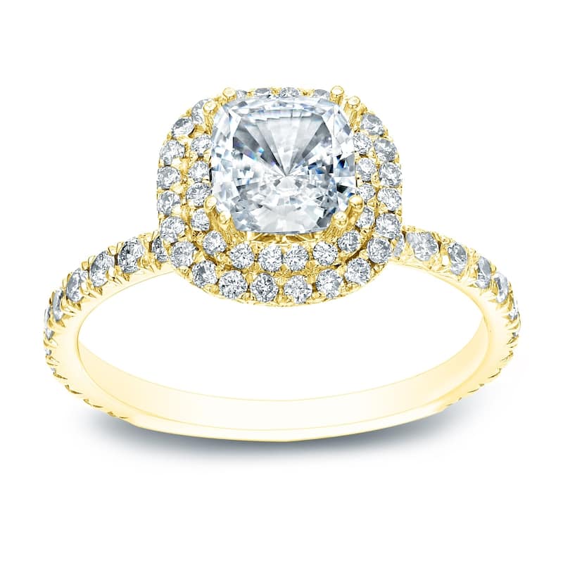 Auriya 14k Gold 1 carat TW Cushion-cut Double Halo Diamond Engagement Ring