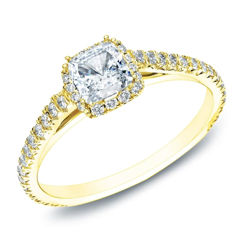Cushion Cut 1ct TDW Diamond Halo Engagement Ring in 14KT Gold by Auriya