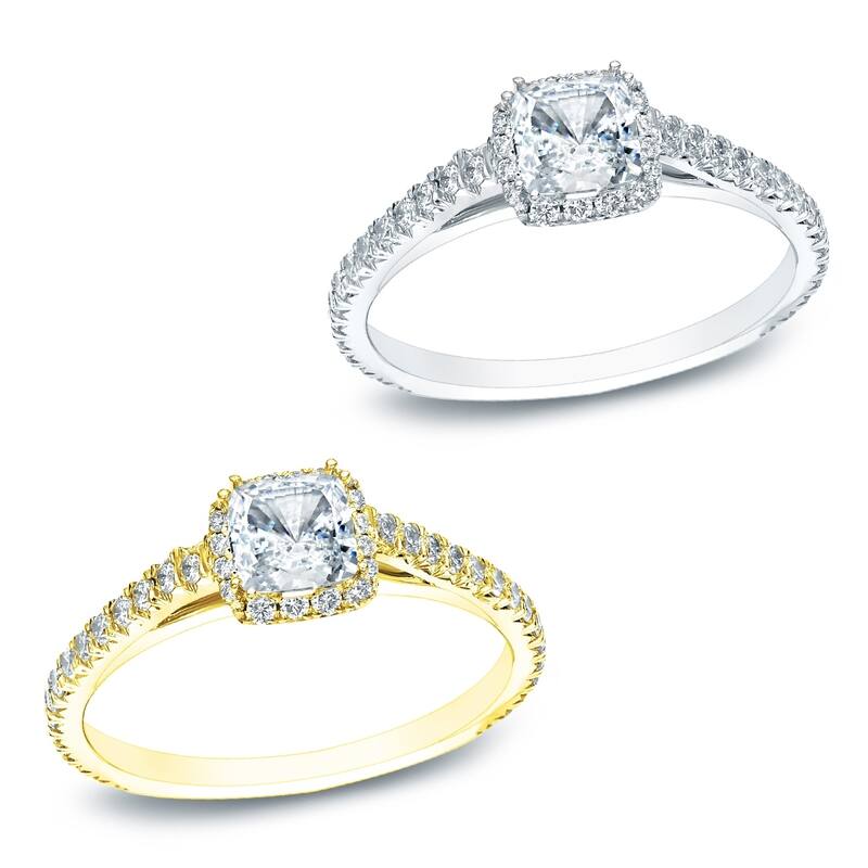Cushion Cut 1ct TDW Diamond Halo Engagement Ring in 14KT Gold by Auriya