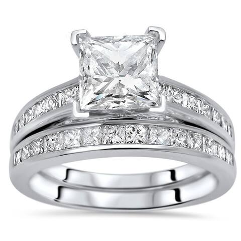 2ct Princess Cut Moissanite Center 1ct Diamond Surrounding Engagement Ring Bridal Set 14k White Gold
