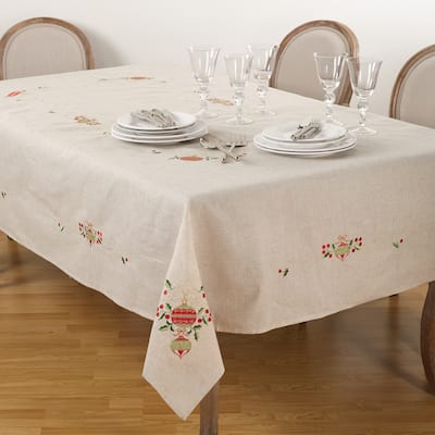 Embroidered Ornament Design Christmas Holiday Linen Blend Tablecloth