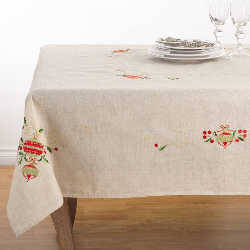 Embroidered Ornament Design Christmas Holiday Linen Blend Tablecloth - 67 x 67