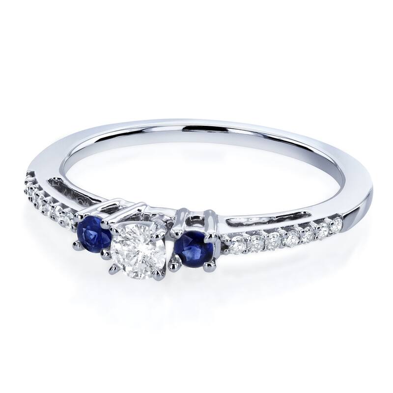 Annello by Kobelli 10k White Gold 1/4ct TGW Three Stone Diamond and Sapphire Promise Ring